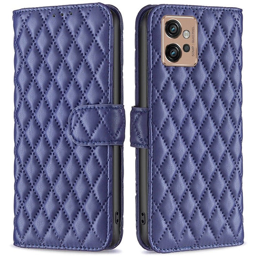 BINFEN COLOR Anti-drop Phone Case for Motorola Moto G32 4G, BF Style-14 Imprinted Rhombus Pattern Phone Cover Wallet Stand - Blue
