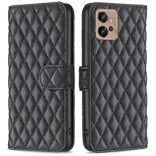 BINFEN COLOR Anti-drop Phone Case for Motorola Moto G32 4G, BF Style-14 Imprinted Rhombus Pattern Phone Cover Wallet Stand - Black