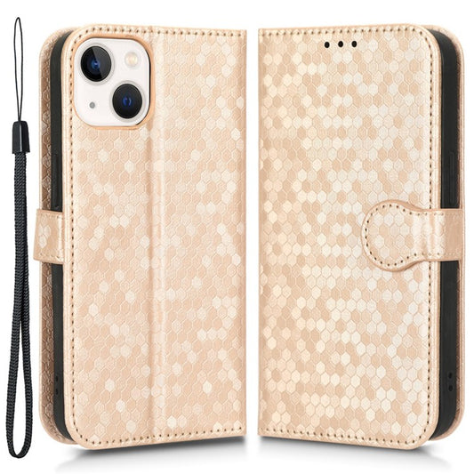 For iPhone 14 Plus Foldable Stand Wallet Case Dot Pattern Imprinted TPU+PU Leather Folio Flip Shell - Rose Gold