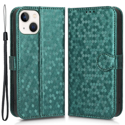 For iPhone 14 Plus Foldable Stand Wallet Case Dot Pattern Imprinted TPU+PU Leather Folio Flip Shell - Green