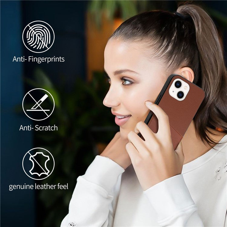 Phone Back Cover For iPhone 14 6.1 inch, Cowhide Leather Coated TPU + PC Scratch-resistant Protective Phone Case - Light Brown