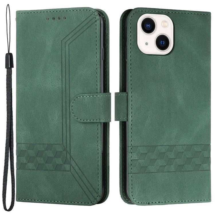 For iPhone 14 6.1 inch YX0010 PU Leather Rhombus Lines Imprinted Phone Case Skin-touch Stand Wallet Cover - Blackish Green
