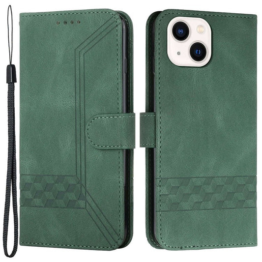 For iPhone 14 6.1 inch YX0010 PU Leather Rhombus Lines Imprinted Phone Case Skin-touch Stand Wallet Cover - Blackish Green