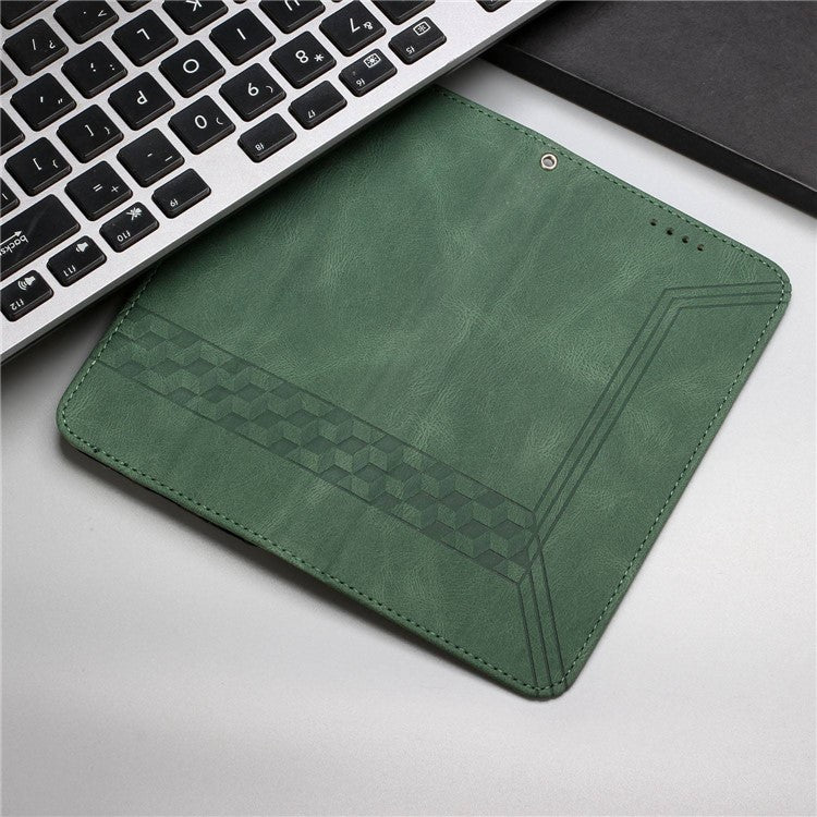 For iPhone 14 6.1 inch YX0010 PU Leather Rhombus Lines Imprinted Phone Case Skin-touch Stand Wallet Cover - Blackish Green