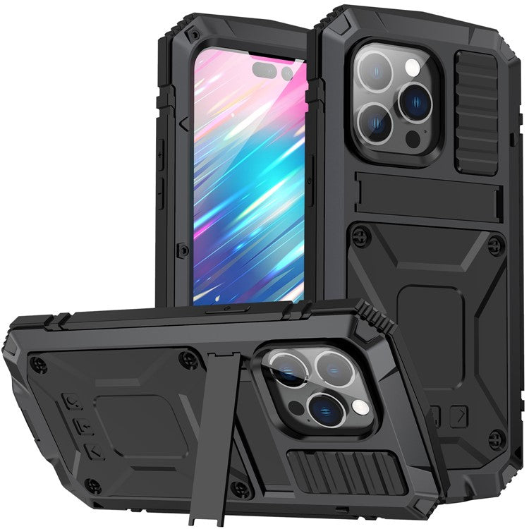 R-JUST Anti-scratch Back Cover for iPhone 14 Pro 6.1 inch Shockproof Hybrid Phone Case Kickstand with Screen Protector - Black