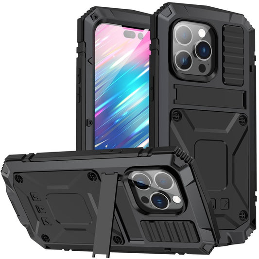 R-JUST Anti-scratch Back Cover for iPhone 14 Pro 6.1 inch Shockproof Hybrid Phone Case Kickstand with Screen Protector - Black
