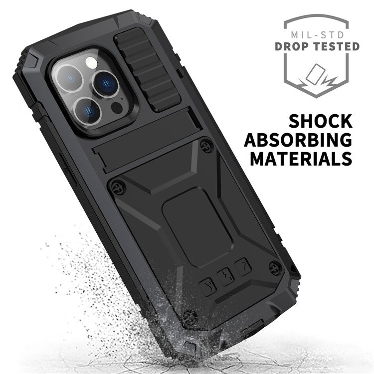 R-JUST Anti-scratch Back Cover for iPhone 14 Pro 6.1 inch Shockproof Hybrid Phone Case Kickstand with Screen Protector - Black