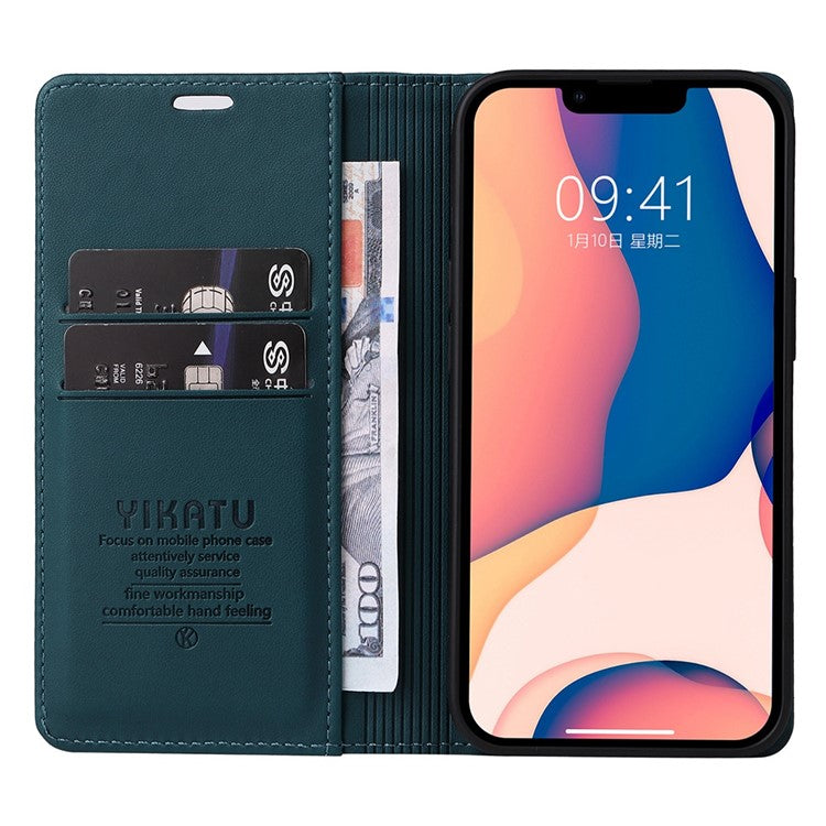 YIKATU Phone Cover For iPhone 14 Plus, YK- 001 Anti-scratch Phone Case Magnetic Auto-absorbed PU Leather Flip Wallet Stand - Green