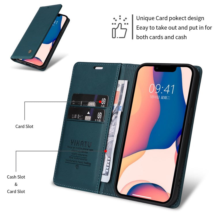 YIKATU Phone Cover For iPhone 14 Plus, YK- 001 Anti-scratch Phone Case Magnetic Auto-absorbed PU Leather Flip Wallet Stand - Green