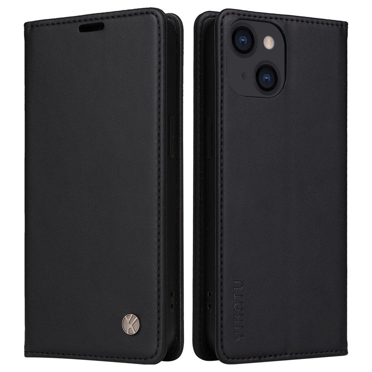 YIKATU Shockproof Phone Cover For iPhone 14 6.1 inch, YK- 001 PU Leather Flip Wallet Case Stand Magnetic Auto-absorbed Phone Shell - Black