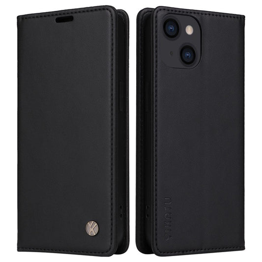 YIKATU Shockproof Phone Cover For iPhone 14 6.1 inch, YK- 001 PU Leather Flip Wallet Case Stand Magnetic Auto-absorbed Phone Shell - Black