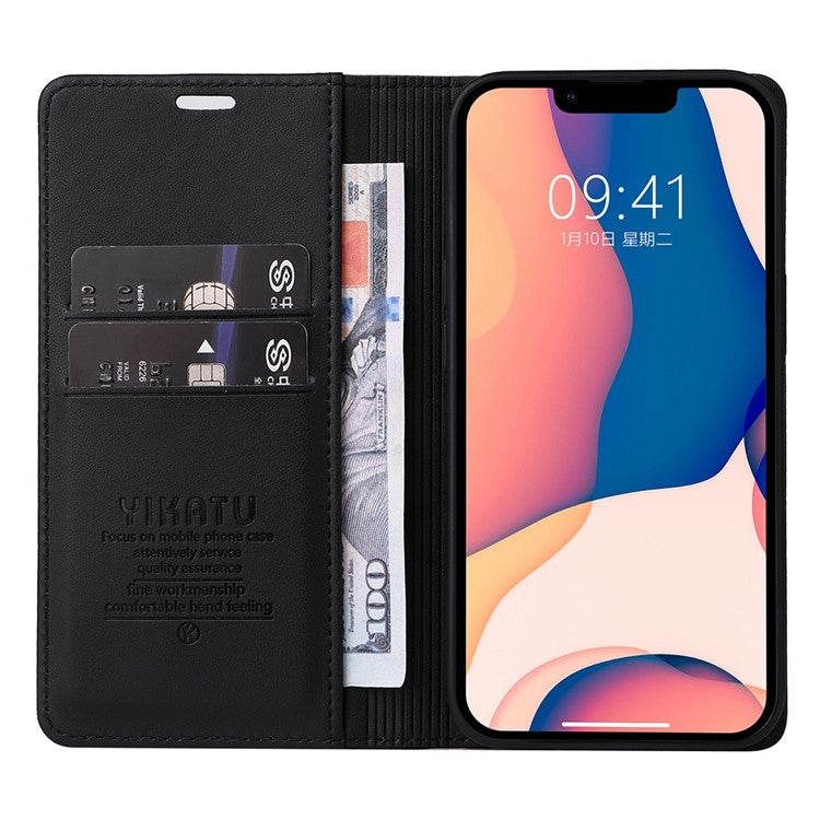 YIKATU Shockproof Phone Cover For iPhone 14 6.1 inch, YK- 001 PU Leather Flip Wallet Case Stand Magnetic Auto-absorbed Phone Shell - Black
