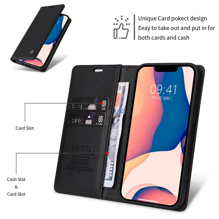 YIKATU Shockproof Phone Cover For iPhone 14 6.1 inch, YK- 001 PU Leather Flip Wallet Case Stand Magnetic Auto-absorbed Phone Shell - Black