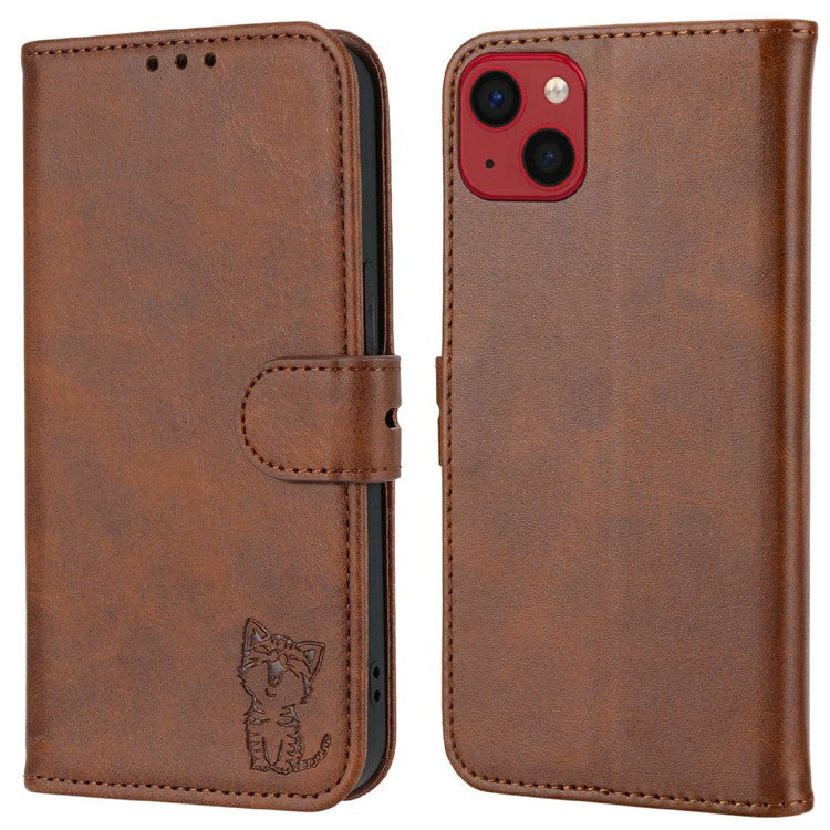 Happy Cat Pattern Imprinted Phone Case for iPhone 14 6.1 inch, Full Protection PU Leather Cover with Wallet Stand - Brown