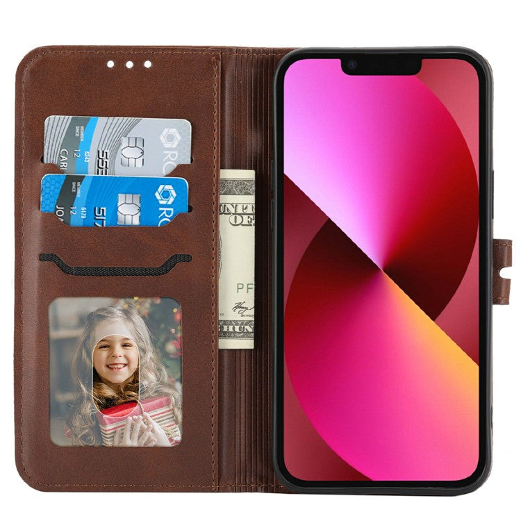 Happy Cat Pattern Imprinted Phone Case for iPhone 14 6.1 inch, Full Protection PU Leather Cover with Wallet Stand - Brown