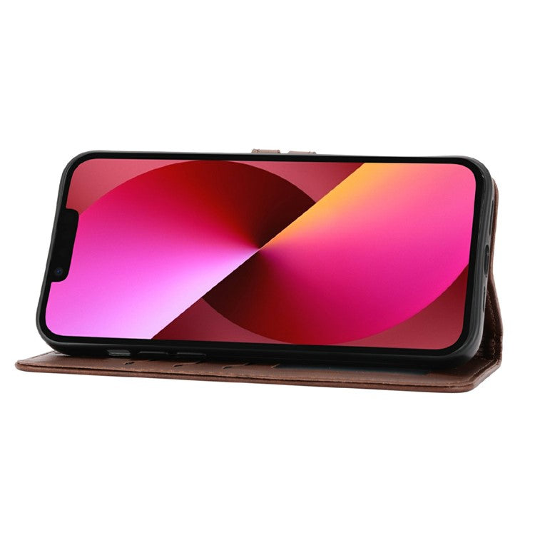 Happy Cat Pattern Imprinted Phone Case for iPhone 14 6.1 inch, Full Protection PU Leather Cover with Wallet Stand - Brown