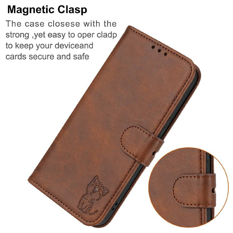 Happy Cat Pattern Imprinted Phone Case for iPhone 14 6.1 inch, Full Protection PU Leather Cover with Wallet Stand - Brown