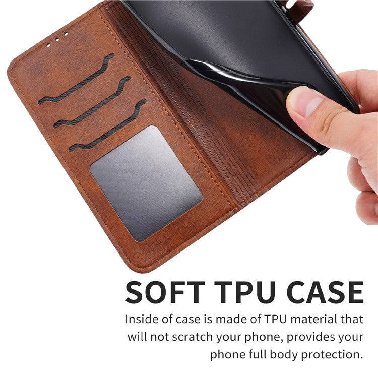 Happy Cat Pattern Imprinted Phone Case for iPhone 14 6.1 inch, Full Protection PU Leather Cover with Wallet Stand - Brown
