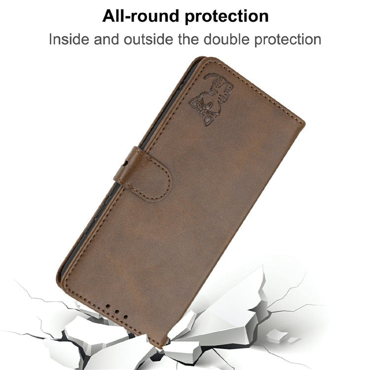 Happy Cat Pattern Imprinted Phone Case for iPhone 14 6.1 inch, Full Protection PU Leather Cover with Wallet Stand - Brown