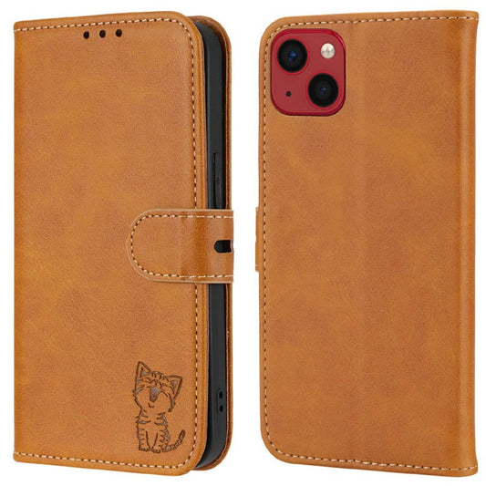 Happy Cat Pattern Imprinted Phone Case for iPhone 14 6.1 inch, Full Protection PU Leather Cover with Wallet Stand - Yellow