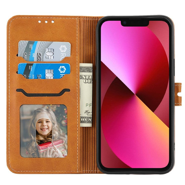 Happy Cat Pattern Imprinted Phone Case for iPhone 14 6.1 inch, Full Protection PU Leather Cover with Wallet Stand - Yellow