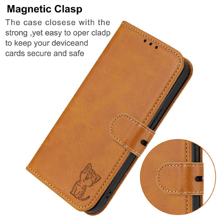 Happy Cat Pattern Imprinted Phone Case for iPhone 14 6.1 inch, Full Protection PU Leather Cover with Wallet Stand - Yellow