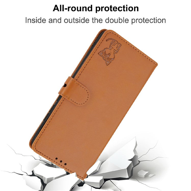 Happy Cat Pattern Imprinted Phone Case for iPhone 14 6.1 inch, Full Protection PU Leather Cover with Wallet Stand - Yellow