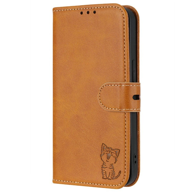 Happy Cat Pattern Imprinted Phone Case for iPhone 14 6.1 inch, Full Protection PU Leather Cover with Wallet Stand - Yellow