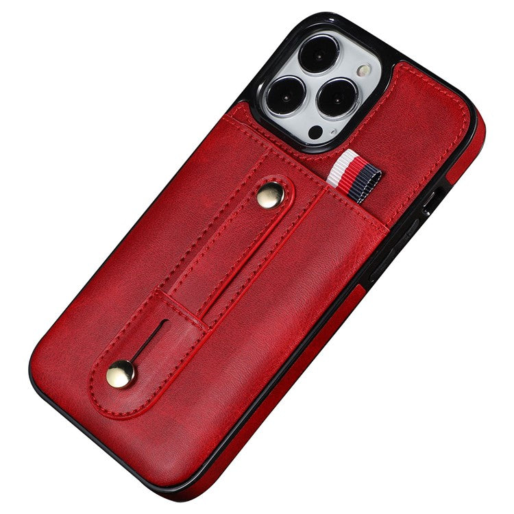 For iPhone 14 Plus Precise Cutout Anti-fall Phone Case Card Slot Kickstand Hand Grip Strap Design PU Leather+TPU Cover - Red
