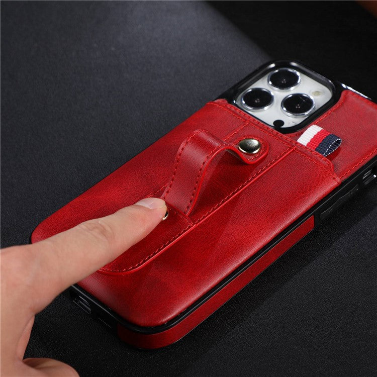 For iPhone 14 Plus Precise Cutout Anti-fall Phone Case Card Slot Kickstand Hand Grip Strap Design PU Leather+TPU Cover - Red