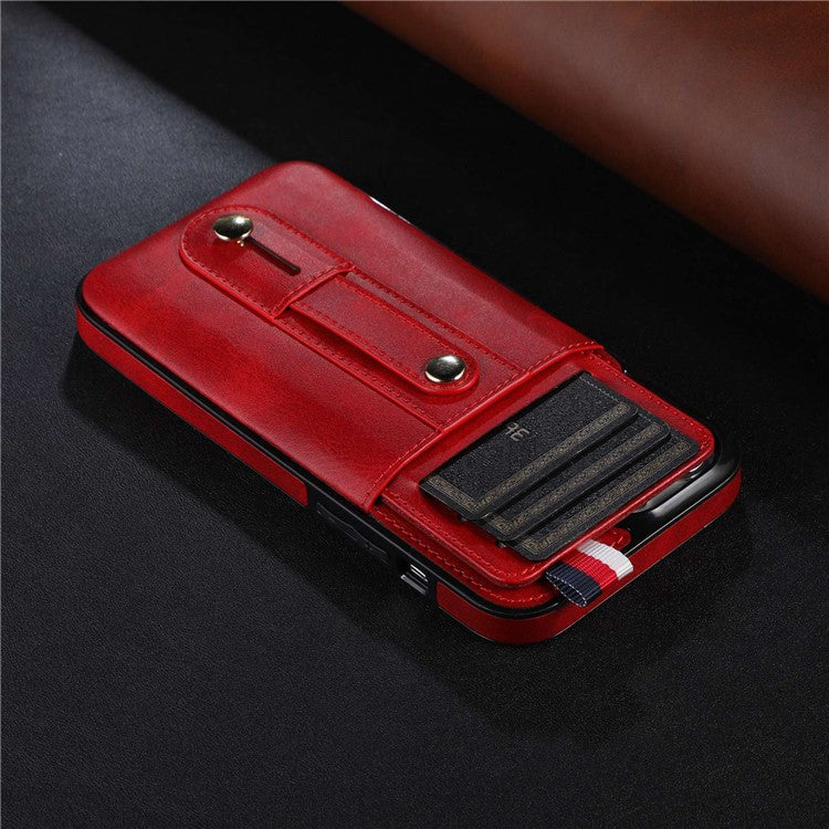 For iPhone 14 Plus Precise Cutout Anti-fall Phone Case Card Slot Kickstand Hand Grip Strap Design PU Leather+TPU Cover - Red