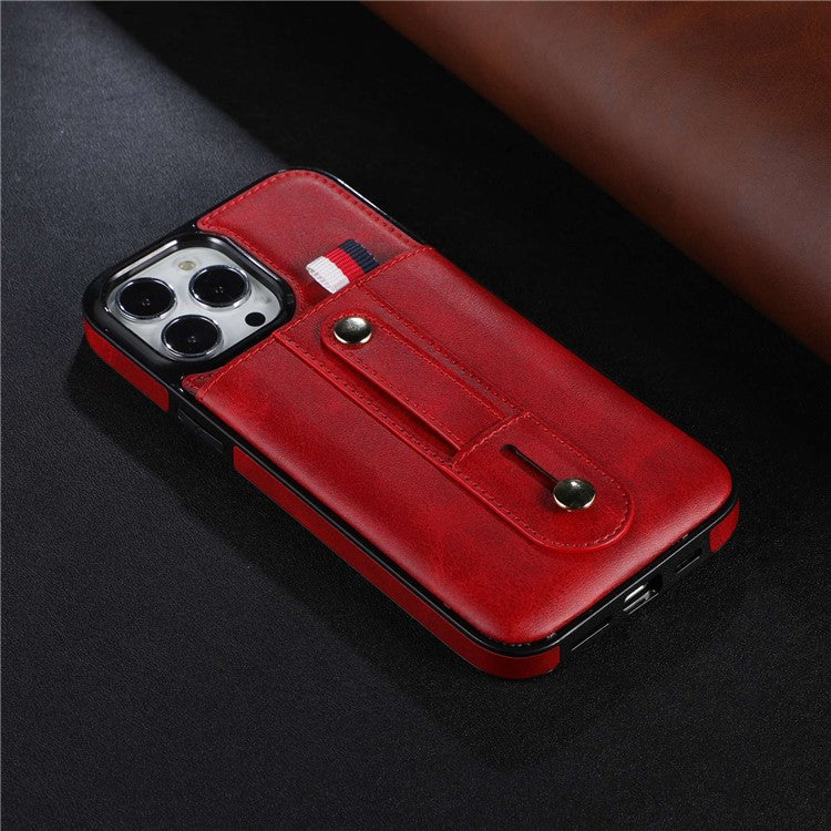 For iPhone 14 Plus Precise Cutout Anti-fall Phone Case Card Slot Kickstand Hand Grip Strap Design PU Leather+TPU Cover - Red