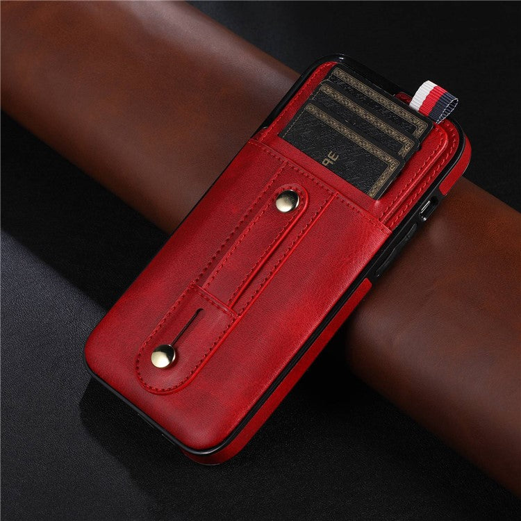 For iPhone 14 Plus Precise Cutout Anti-fall Phone Case Card Slot Kickstand Hand Grip Strap Design PU Leather+TPU Cover - Red