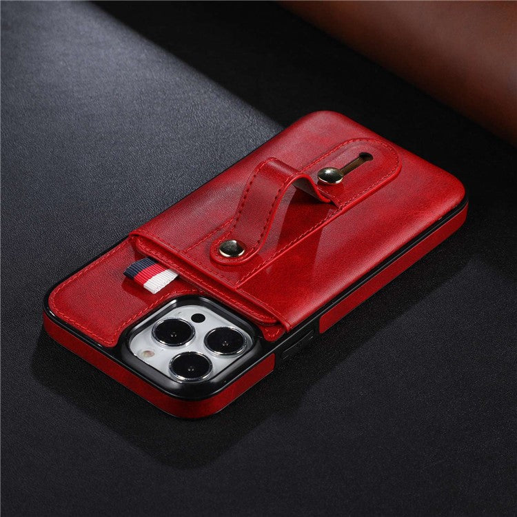 For iPhone 14 Plus Precise Cutout Anti-fall Phone Case Card Slot Kickstand Hand Grip Strap Design PU Leather+TPU Cover - Red