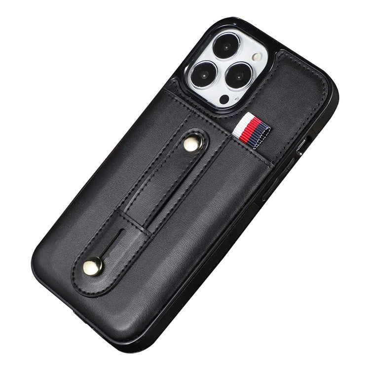 For iPhone 14 Plus Precise Cutout Anti-fall Phone Case Card Slot Kickstand Hand Grip Strap Design PU Leather+TPU Cover - Black