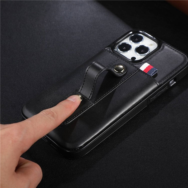 For iPhone 14 Plus Precise Cutout Anti-fall Phone Case Card Slot Kickstand Hand Grip Strap Design PU Leather+TPU Cover - Black