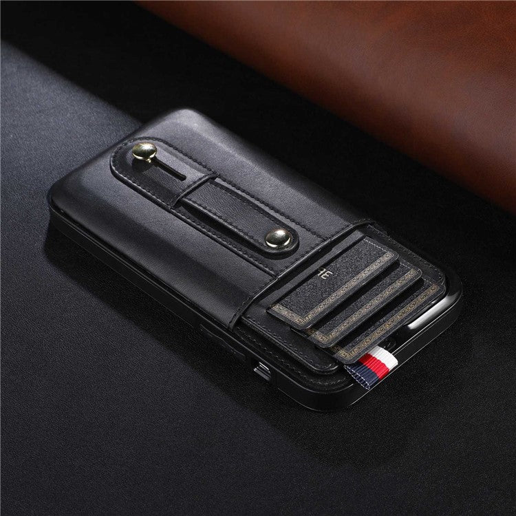 For iPhone 14 Plus Precise Cutout Anti-fall Phone Case Card Slot Kickstand Hand Grip Strap Design PU Leather+TPU Cover - Black
