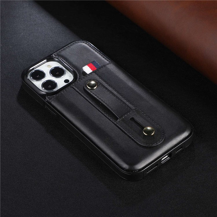 For iPhone 14 Plus Precise Cutout Anti-fall Phone Case Card Slot Kickstand Hand Grip Strap Design PU Leather+TPU Cover - Black