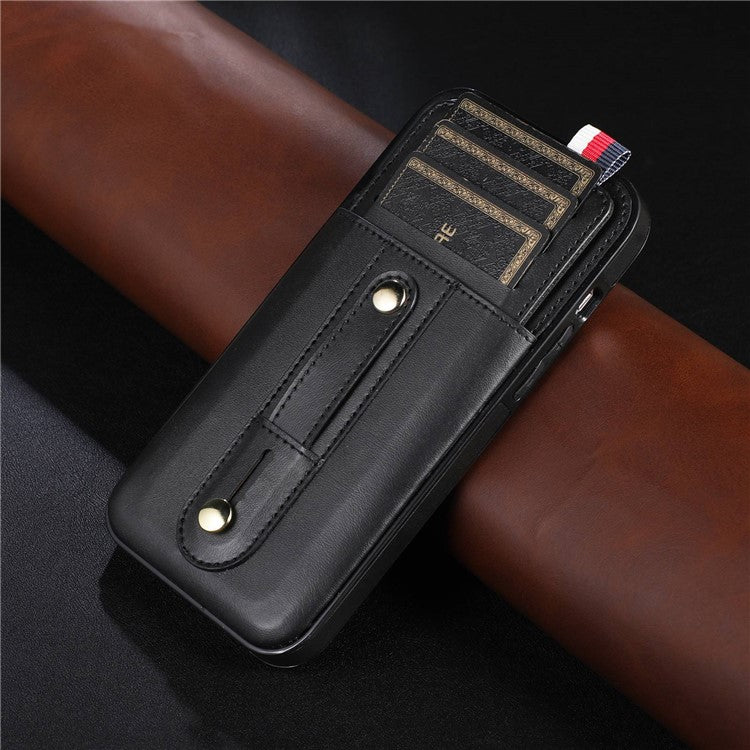For iPhone 14 Plus Precise Cutout Anti-fall Phone Case Card Slot Kickstand Hand Grip Strap Design PU Leather+TPU Cover - Black