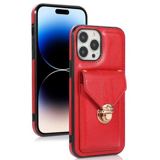 Cell Phone Cover for iPhone 14 Pro 6.1 inch, PU Leather+TPU Cash Coin Card Holder Kickstand Phone Case with Shoulder Strap - Red