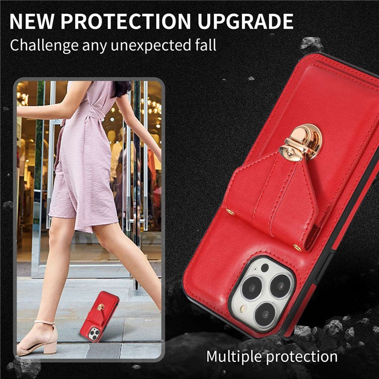 Cell Phone Cover for iPhone 14 Pro 6.1 inch, PU Leather+TPU Cash Coin Card Holder Kickstand Phone Case with Shoulder Strap - Red