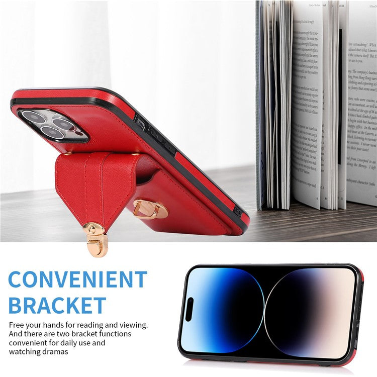Cell Phone Cover for iPhone 14 Pro 6.1 inch, PU Leather+TPU Cash Coin Card Holder Kickstand Phone Case with Shoulder Strap - Red