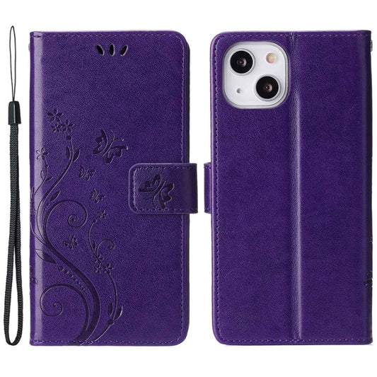 For iPhone 14 6.1 inch Shockproof PU Leather Phone Case Imprinted Butterflies Wallet Stand Phone Cover - Dark Purple