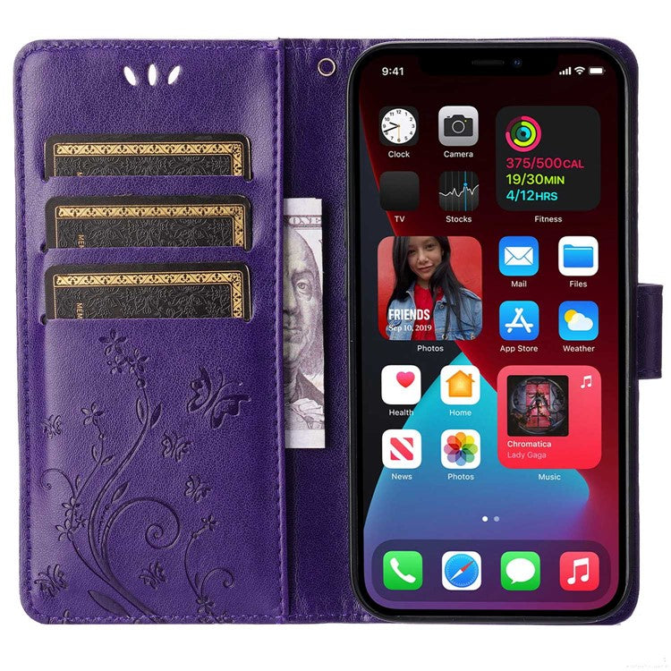 For iPhone 14 6.1 inch Shockproof PU Leather Phone Case Imprinted Butterflies Wallet Stand Phone Cover - Dark Purple