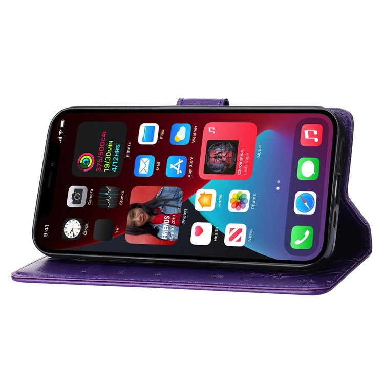 For iPhone 14 6.1 inch Shockproof PU Leather Phone Case Imprinted Butterflies Wallet Stand Phone Cover - Dark Purple