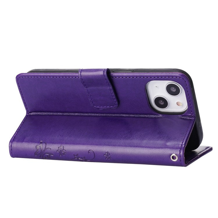 For iPhone 14 6.1 inch Shockproof PU Leather Phone Case Imprinted Butterflies Wallet Stand Phone Cover - Dark Purple