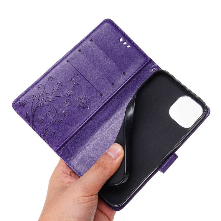 For iPhone 14 6.1 inch Shockproof PU Leather Phone Case Imprinted Butterflies Wallet Stand Phone Cover - Dark Purple