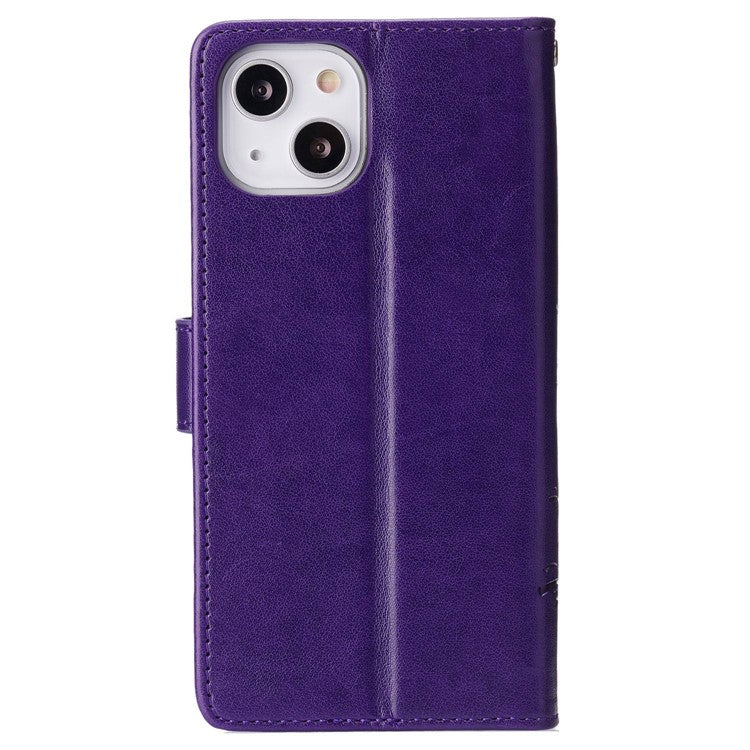 For iPhone 14 6.1 inch Shockproof PU Leather Phone Case Imprinted Butterflies Wallet Stand Phone Cover - Dark Purple