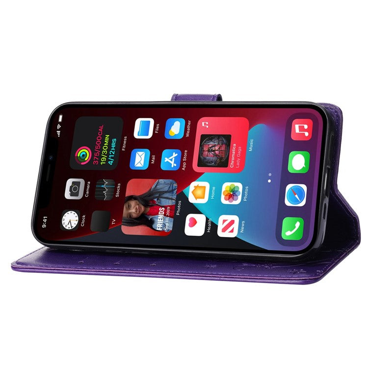 For iPhone 14 Plus Anti-scratch Phone Case Imprinted Butterflies PU Leather Flip Wallet Cover Stand Protective Phone Shell with Strap - Dark Purple