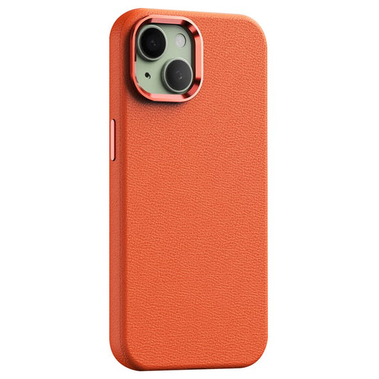 For iPhone 14 Case Compatible with Magsafe PU Leather Back Cover with Metal Lens Frame - Orange